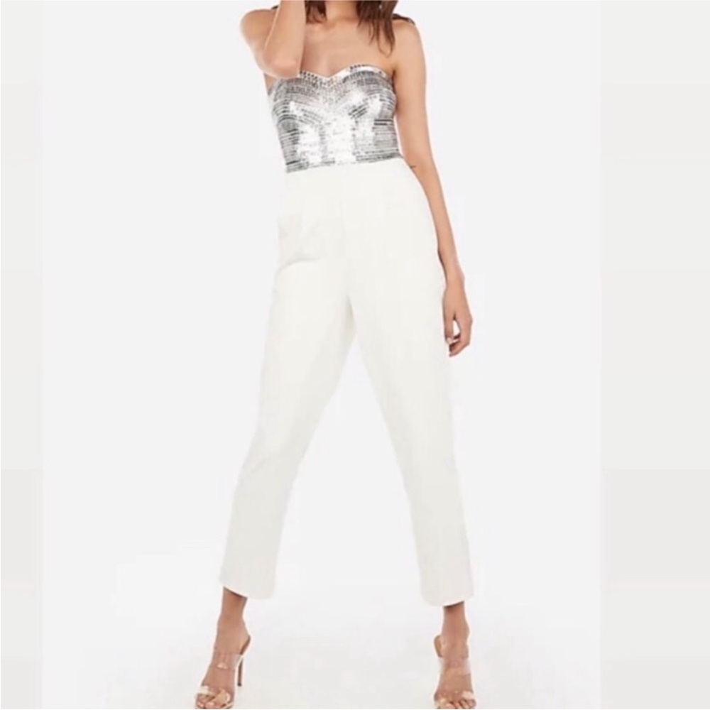Express Silver and White Strapless Jumpsuit